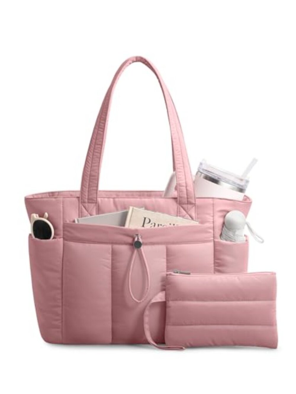 Puffy Tote Bag with Cup Holder Laptop Compartment Cosmetic Bag Trolley Sleeve